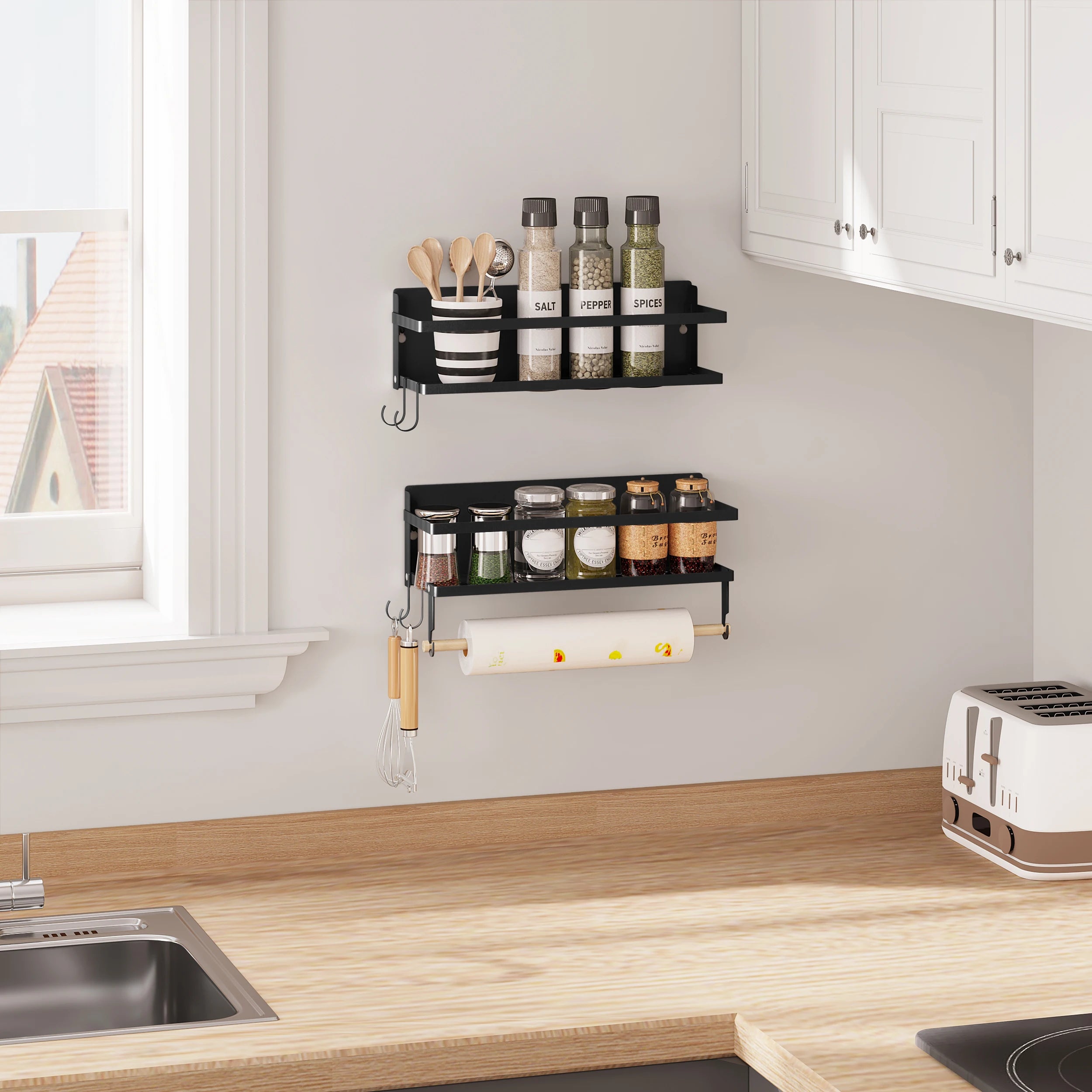 2PCS Wall Shelf with 4 Removable Hooks Towel Holder Spice Rack Kitchen Spice Holder Kitchen Storage Organizer  Household