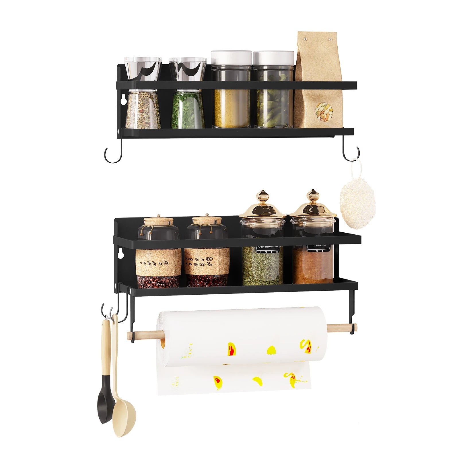 2PCS Wall Shelf with 4 Removable Hooks Towel Holder Spice Rack Kitchen Spice Holder Kitchen Storage Organizer  Household