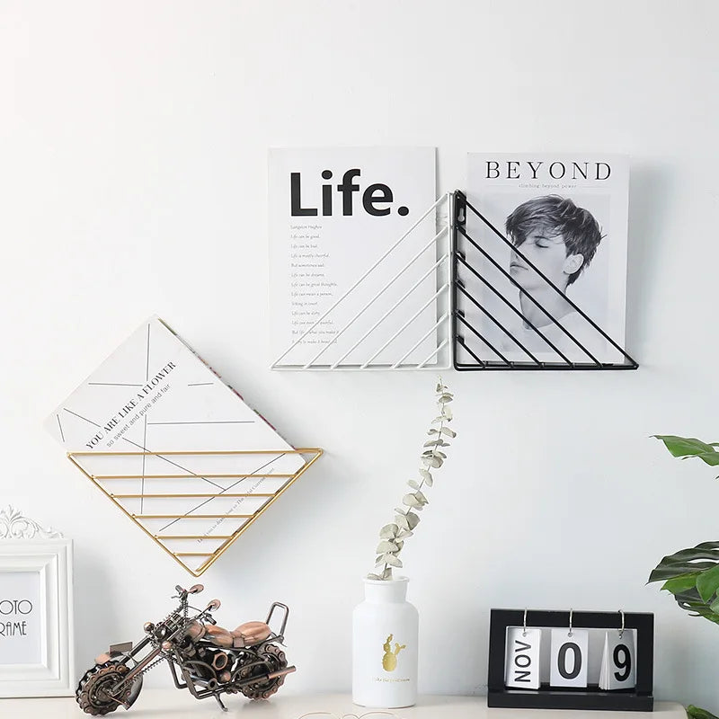 Geometric Shape Iron Magazine Storage Rack Wall Hanging Basket Home Book Organizer Decor For Magazine Book