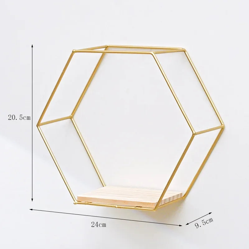 Nordic Style Iron Wall Shelf Hexagonal Metal Wall Storage Rack Shelves With Wooden Board Display Racks Kitchen Room Home Decor