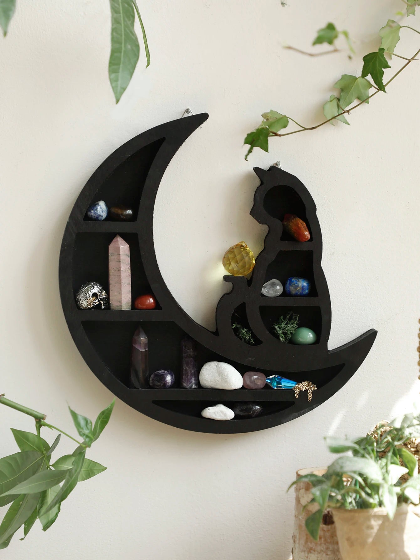 1pc Cat On The Moon Floating Wall Shelf Crystal Shelf Display Black Crystals Stone Essential Oil Small Plant Art Home Decoration