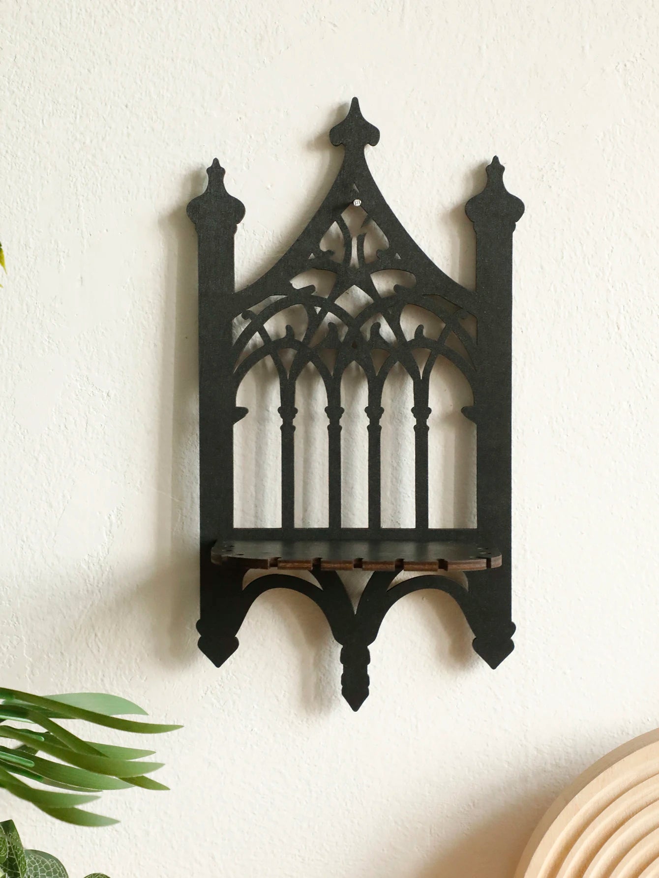 Black Gothic Wooden Shelf Wall Decor Hollow Vintage Fence shape Wall Hanging Decor Floating Shelves Crystal Holder Room Decor
