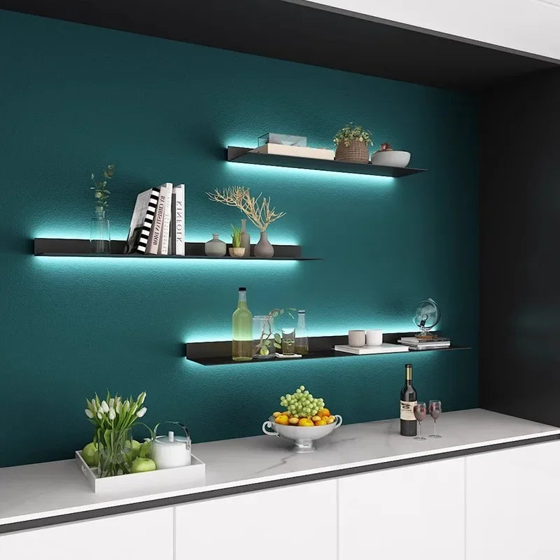 Wall Metal Display Stand Storage Holders LED Luminous Storage Shelf Wall Decorations Living Room Wall Hanging Figure Bookshelf