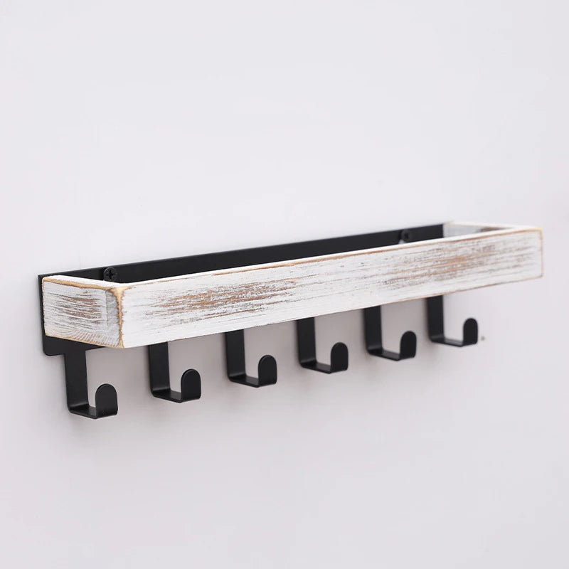 Rustic Wooden Key Holder with 6 Hooks Storage Tray Easy Install Wall-Mounted Organizer for Keys Mail and More for Bedroom Office