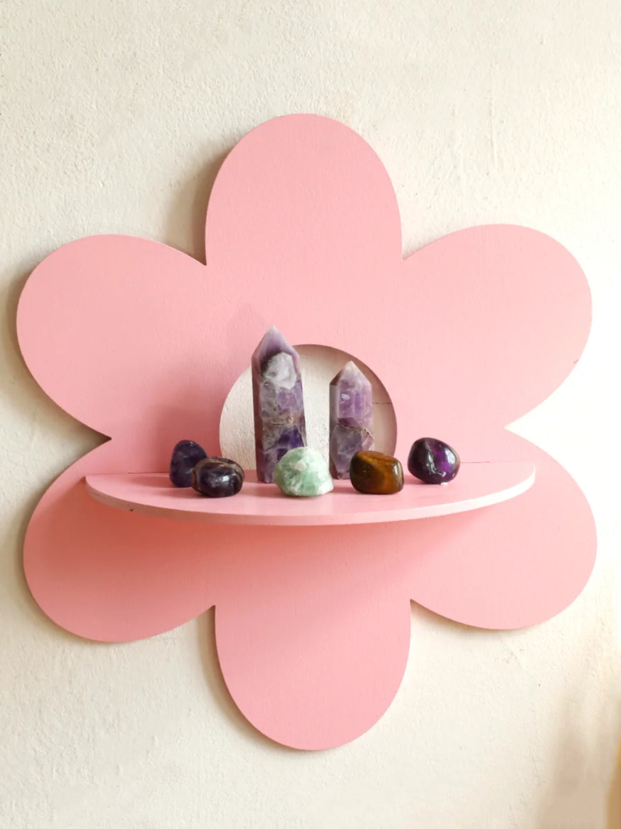 Flower Crystal Shelf Display Boho Floating Wall Shelf for Bedrooms Living Room Aesthetic Wall Mounted Wood Shelves Home Decor