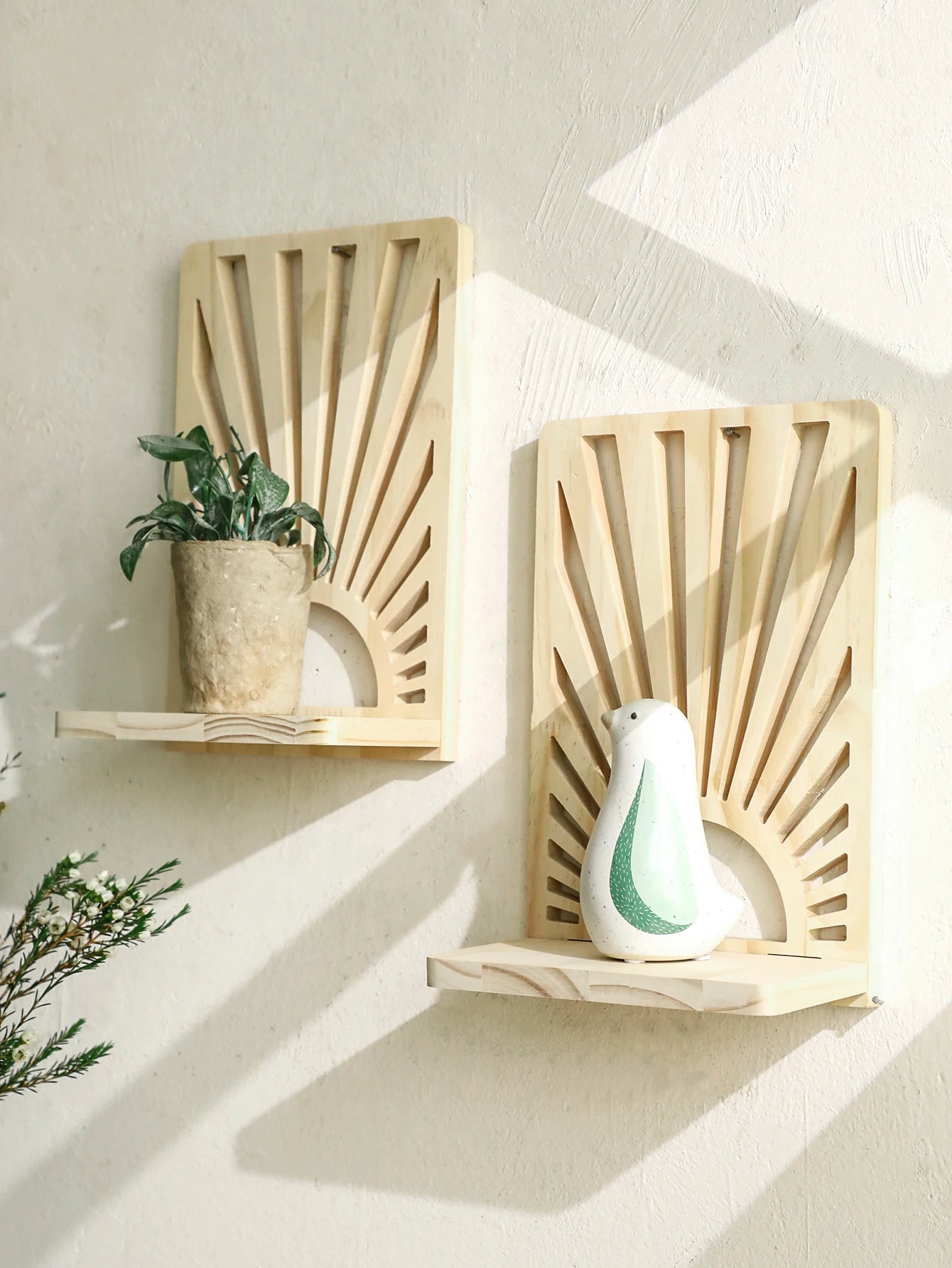 1pc Wooden Sunburst Wall Shelves, Boho Natural Style Display Rack for Plant, Ornaments, Entryway, Living Room Bedroom Home Decor