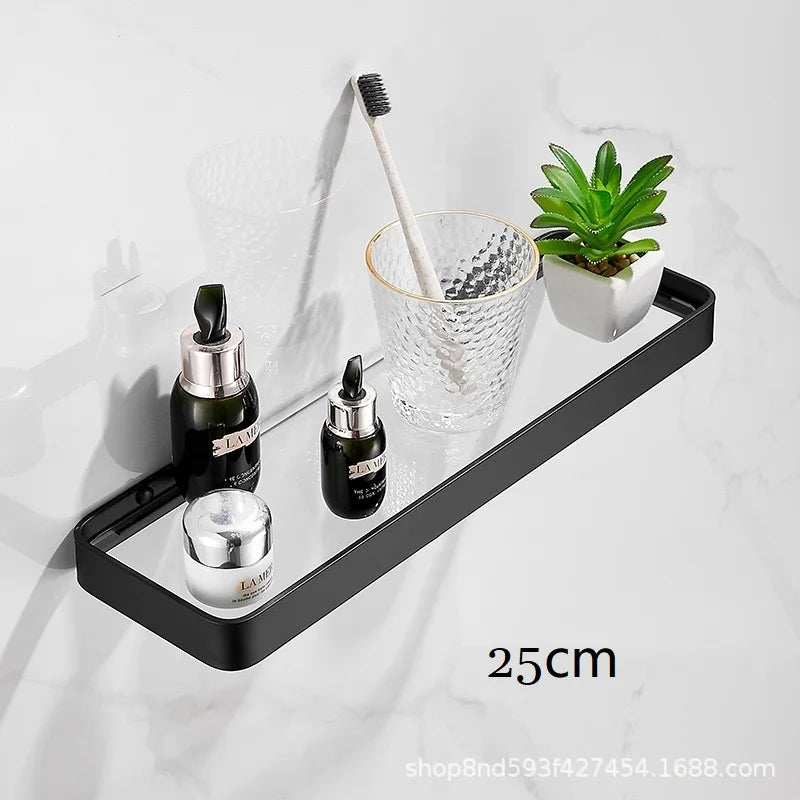 Bathroom Glass Shelf No Drill Organizer Shower Storage Rack Black Corner Shelves Wall Mounted Aluminum Toilet Shampoo Holder