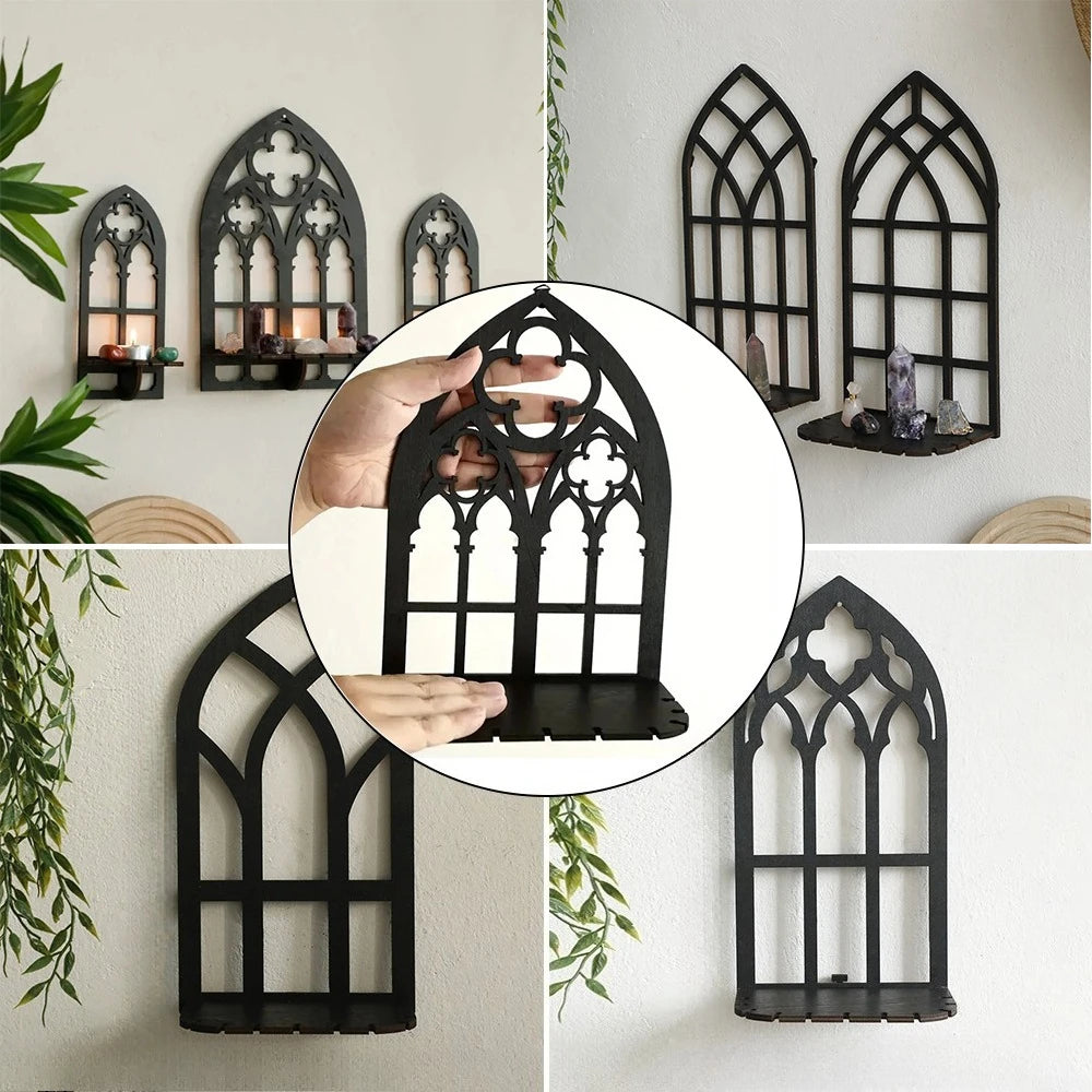 Vintage Cathedral Arch Frame Shelf Gothic Wooden Hollow Wall Decoration Wall Mounted Storage Holder Repisas De Pared Decorativos