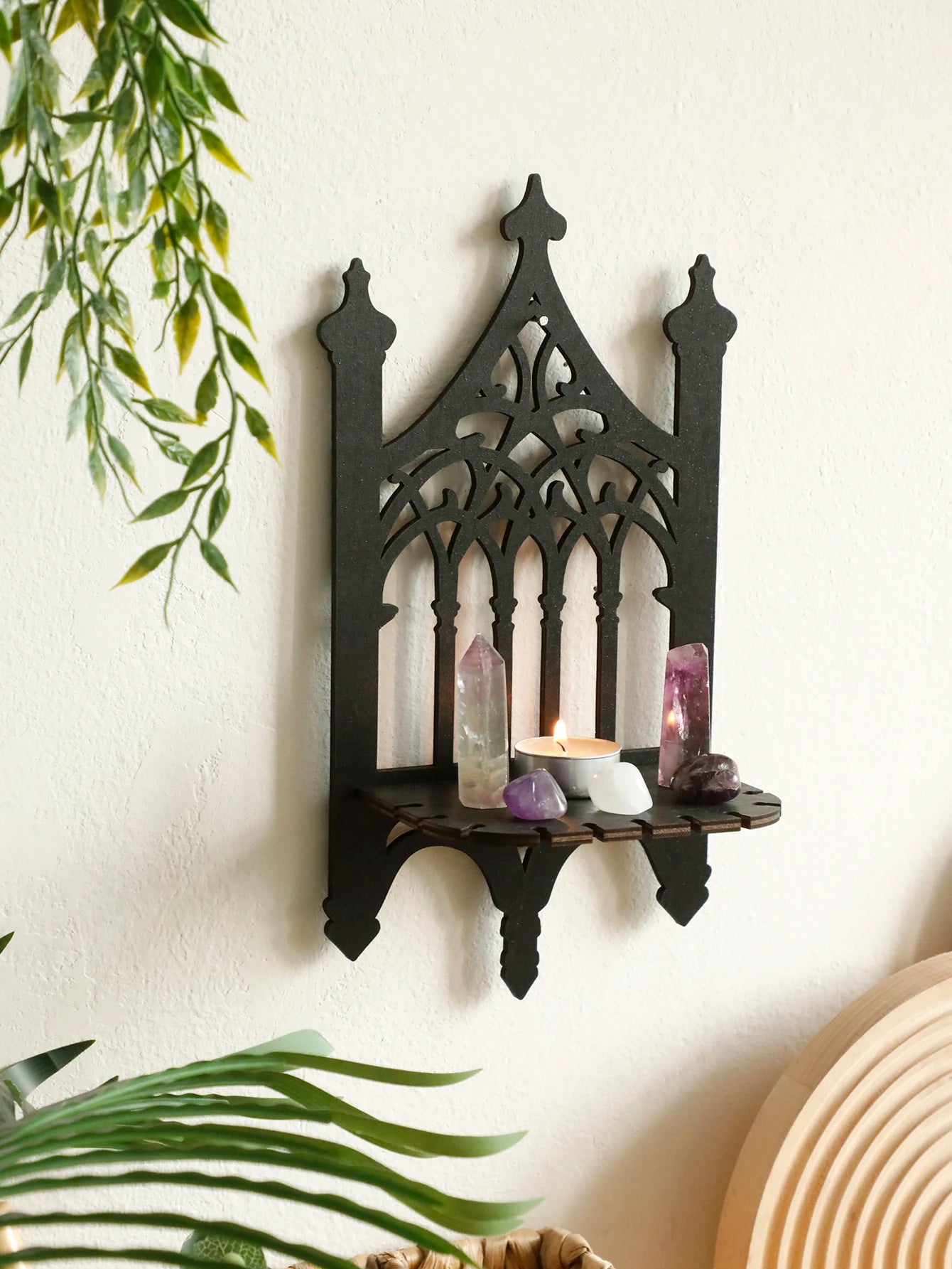 Black Gothic Wooden Shelf Wall Decor Hollow Vintage Fence shape Wall Hanging Decor Floating Shelves Crystal Holder Room Decor