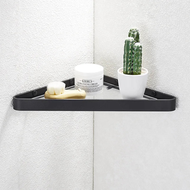 Black Bathroom Shelf Wall-mounted Glass Shower Corner Rack White Aluminum Bathroom Storage Rack Bathroom Accessories Triangular