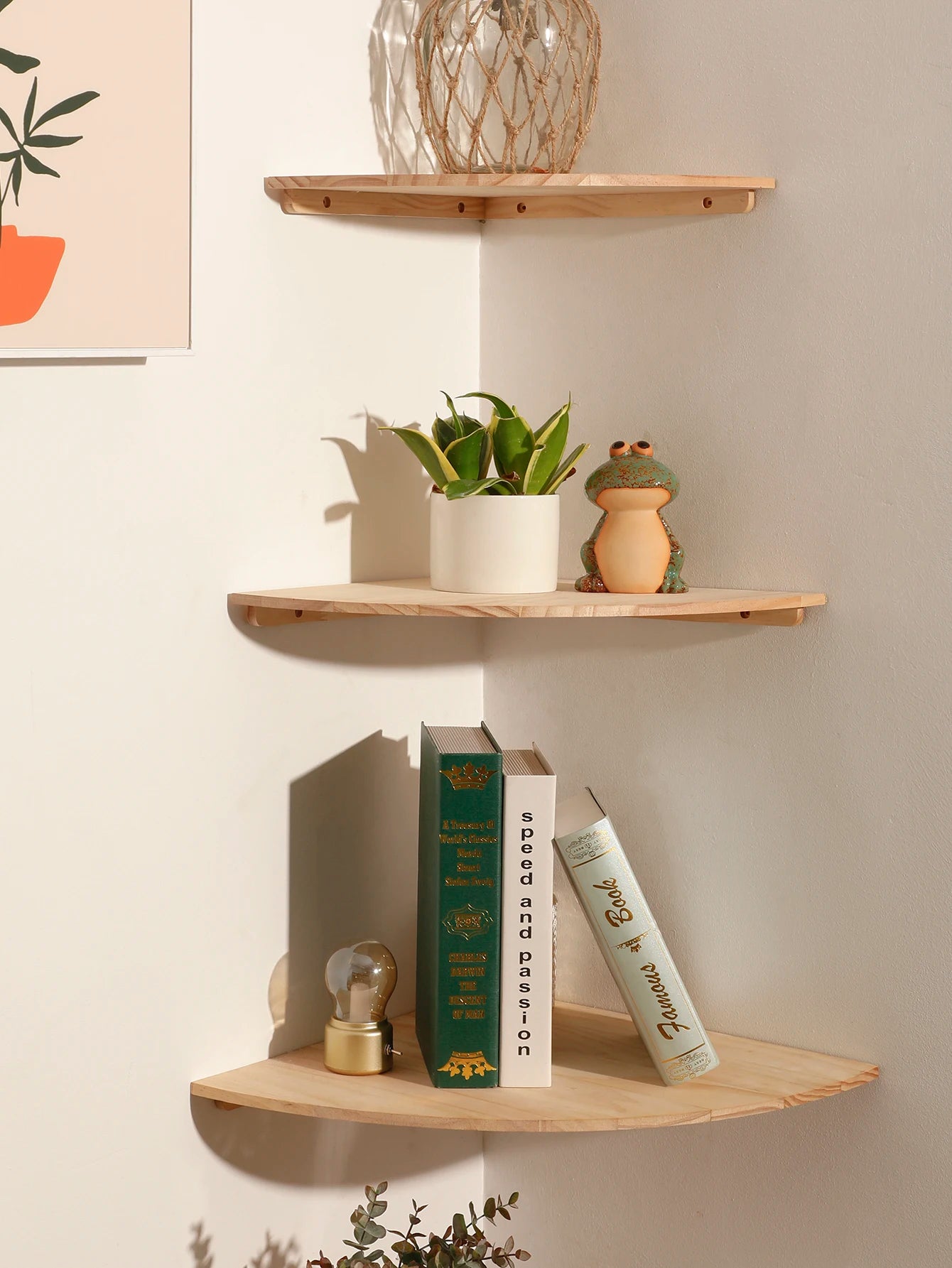 Wall Corner Shelves Wood Floating Wall Shelf Round End Wall Mounted Floating Corner Shelf for Bedroom Living Room and Kitchen
