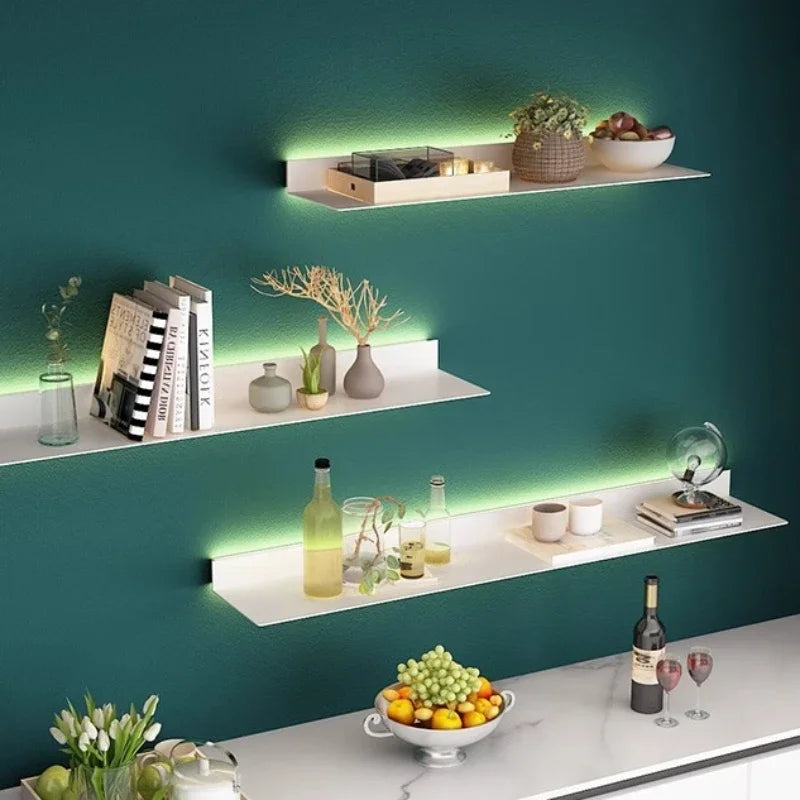 Wall Metal Display Stand Storage Holders LED Luminous Storage Shelf Wall Decorations Living Room Wall Hanging Figure Bookshelf