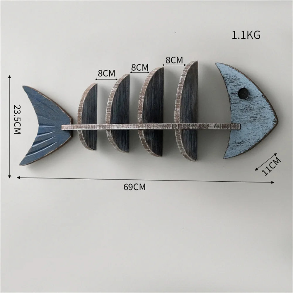 Mediterranean Style Wooden Fish Skeleton Wall Shelf Decorative Hanging Storage for Home or Coastal-Themed Rooms, Nordic Design
