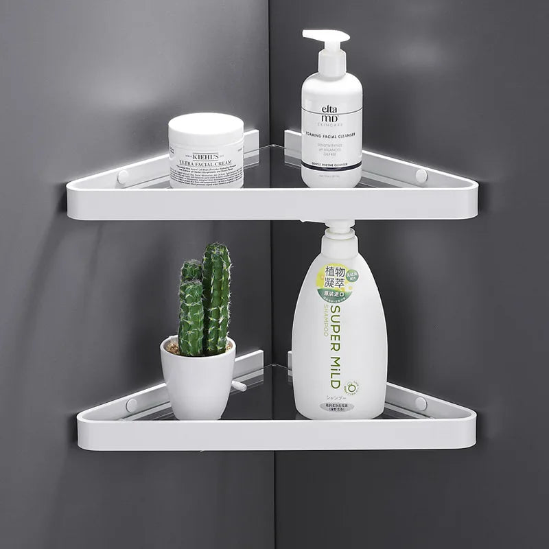 Black Bathroom Shelf Wall-mounted Glass Shower Corner Rack White Aluminum Bathroom Storage Rack Bathroom Accessories Triangular