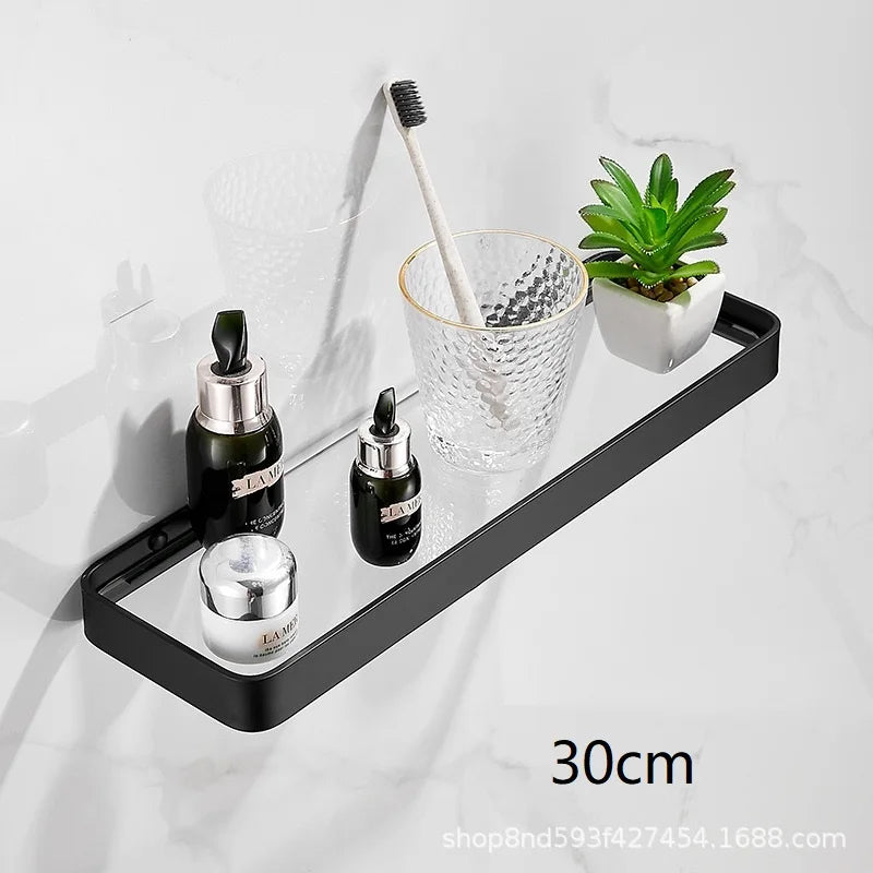 Bathroom Glass Shelf No Drill Organizer Shower Storage Rack Black Corner Shelves Wall Mounted Aluminum Toilet Shampoo Holder