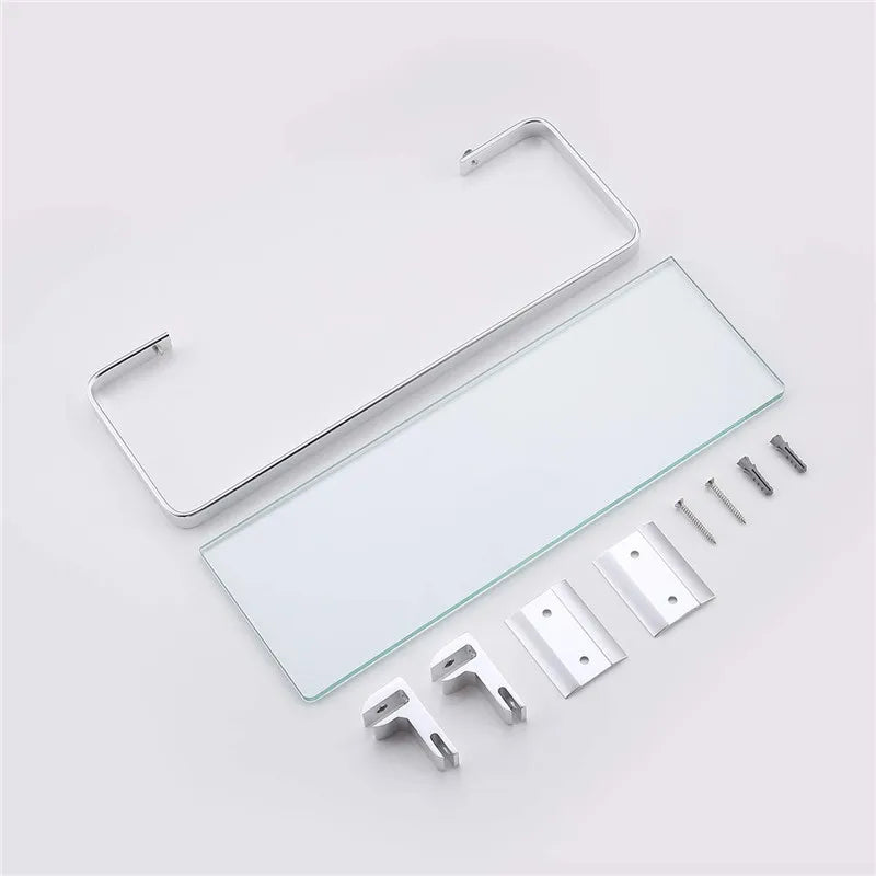 Tempered Glass Bathroom Shelf Aluminum Storage Rack Rectangular 30 40 50cm 1 Tier Silver Sand Sprayed Wall Mounted