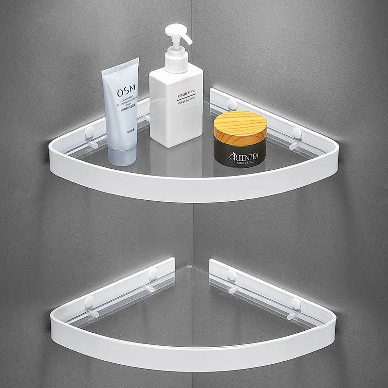 Black Bathroom Shelf Wall-mounted Glass Shower Corner Rack White Aluminum Bathroom Storage Rack Bathroom Accessories Triangular