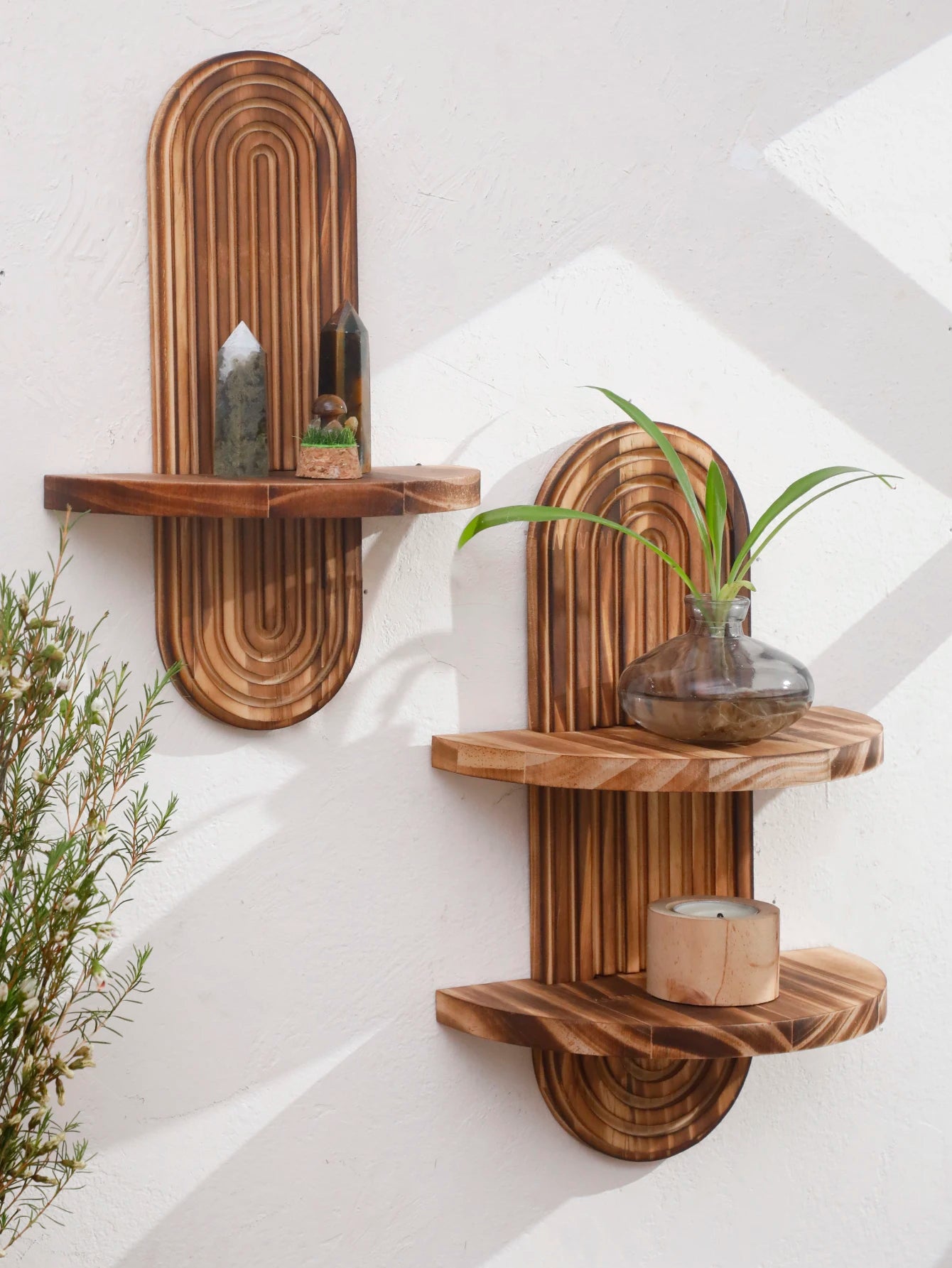 1/2-Tier Rustic Boho Wooden Wall Shelves - Charcoal Geometric Oval Wall-Mounted Shelves, Plants Display Stand, Home Decor Shelf