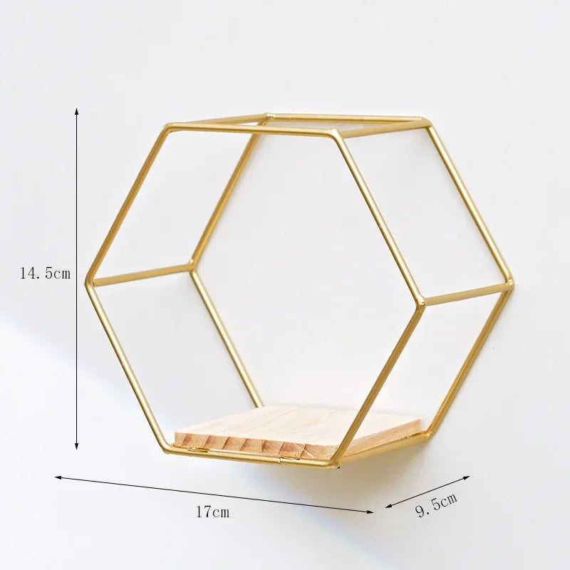 Nordic Style Iron Wall Shelf Hexagonal Metal Wall Storage Rack Shelves With Wooden Board Display Racks Kitchen Room Home Decor