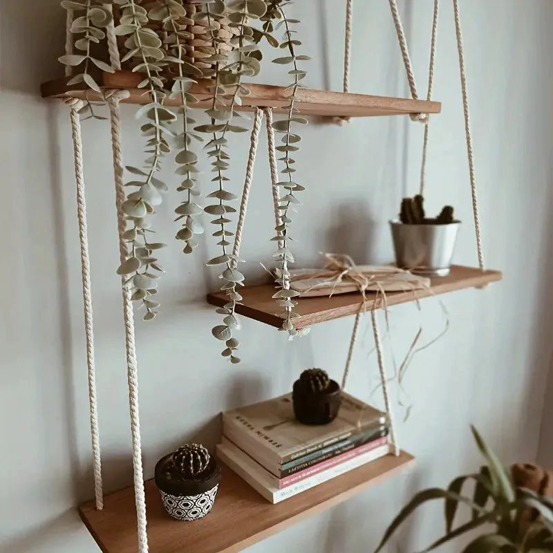 Macrame Wall Hanging Shelf- Handmade Decorative Floating Boho Shelf-Plant Shelf Display Rack to Organize Not Included Flowerpot