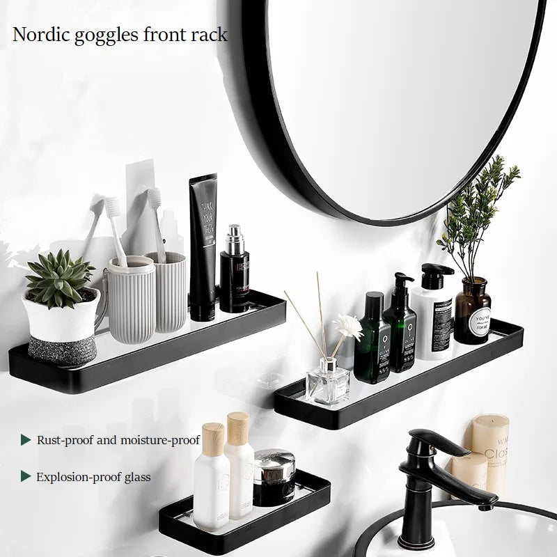 Bathroom Glass Shelf No Drill Organizer Shower Storage Rack Black Corner Shelves Wall Mounted Aluminum Toilet Shampoo Holder