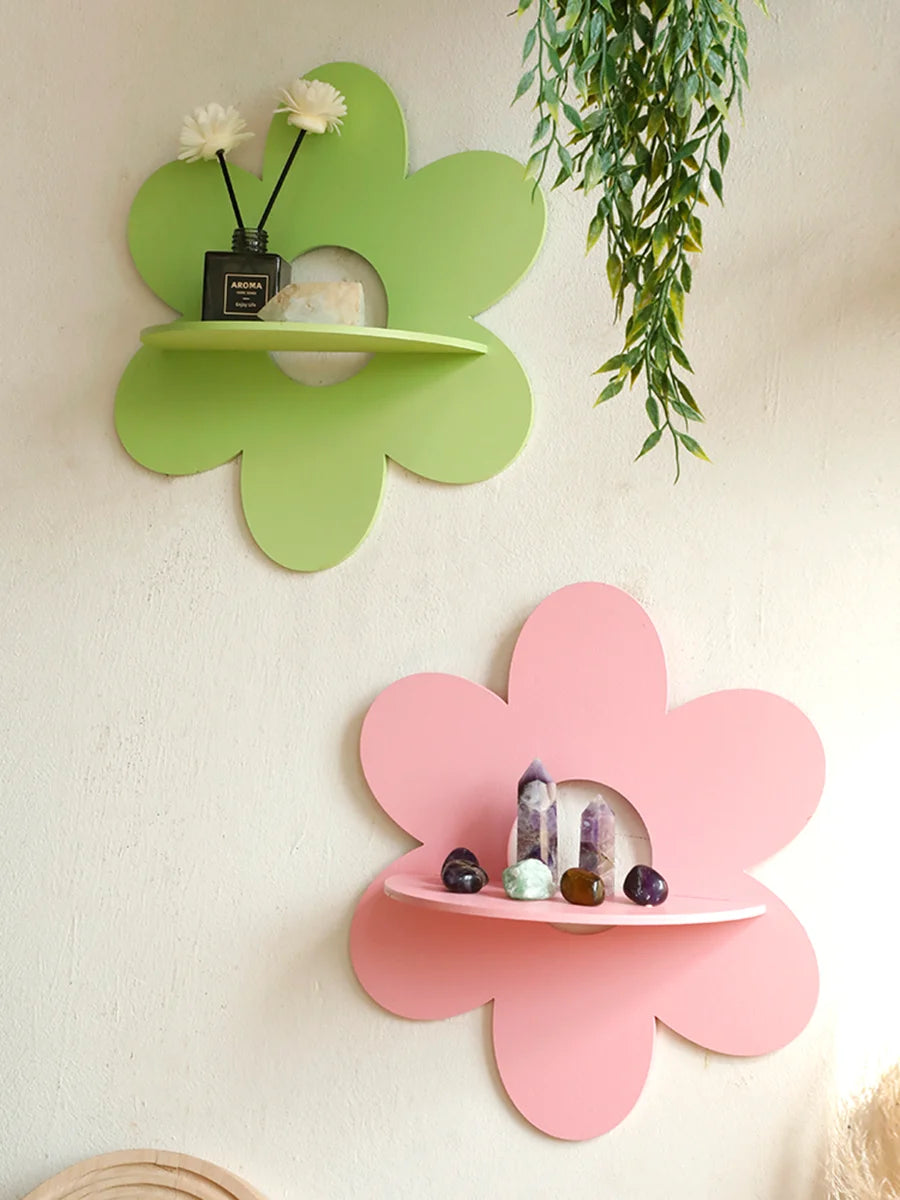 Flower Crystal Shelf Display Boho Floating Wall Shelf for Bedrooms Living Room Aesthetic Wall Mounted Wood Shelves Home Decor
