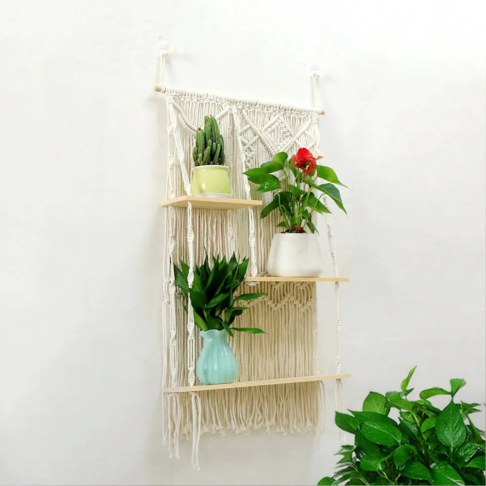 Macrame Wall Hanging Shelf- Handmade Decorative Floating Boho Shelf-Plant Shelf Display Rack to Organize Not Included Flowerpot