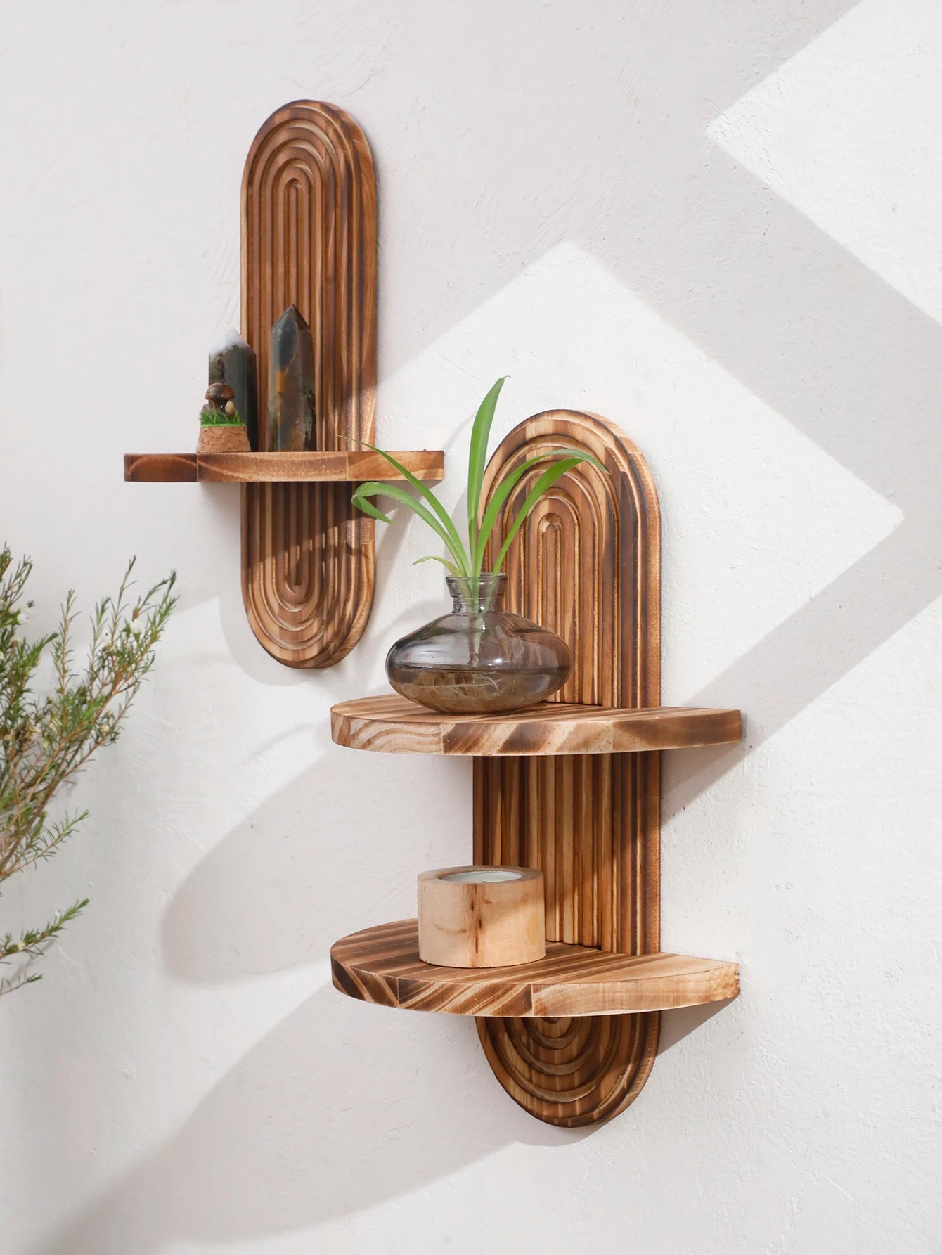 1/2-Tier Rustic Boho Wooden Wall Shelves - Charcoal Geometric Oval Wall-Mounted Shelves, Plants Display Stand, Home Decor Shelf