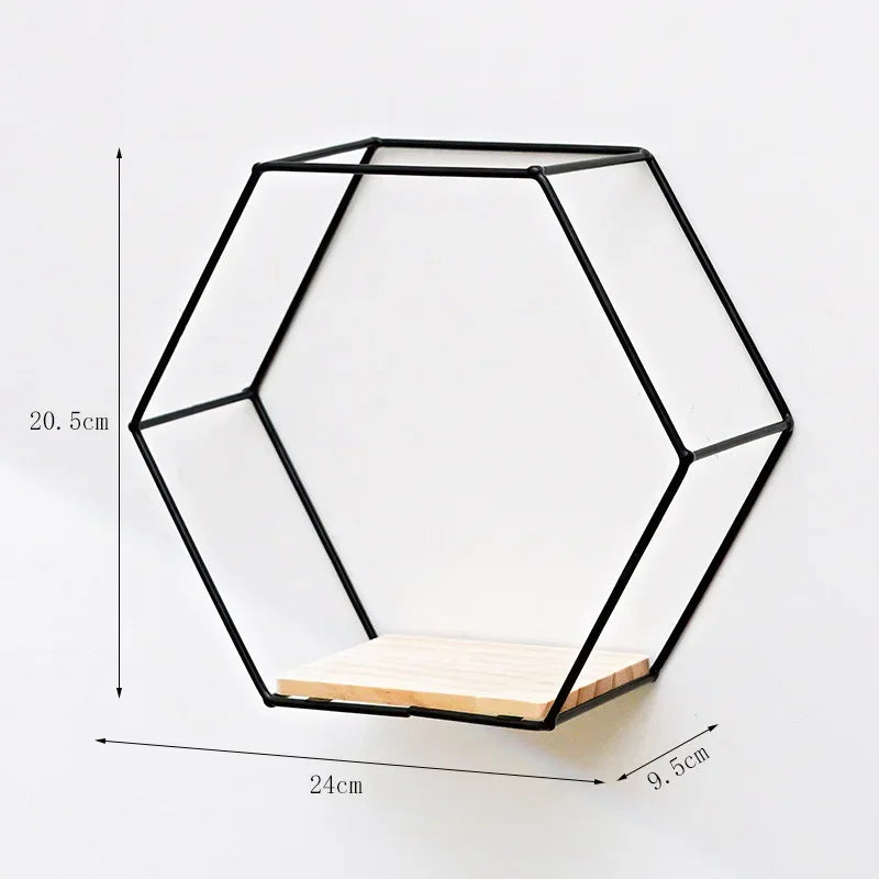 Nordic Style Iron Wall Shelf Hexagonal Metal Wall Storage Rack Shelves With Wooden Board Display Racks Kitchen Room Home Decor