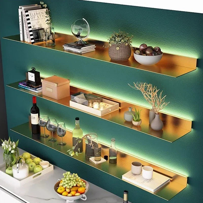 Iron Floating Wall Shelf Kitchen Storage Organizer Shelves Bathroom Display Stand Bedroom Plate Rack with Light Room Accessories