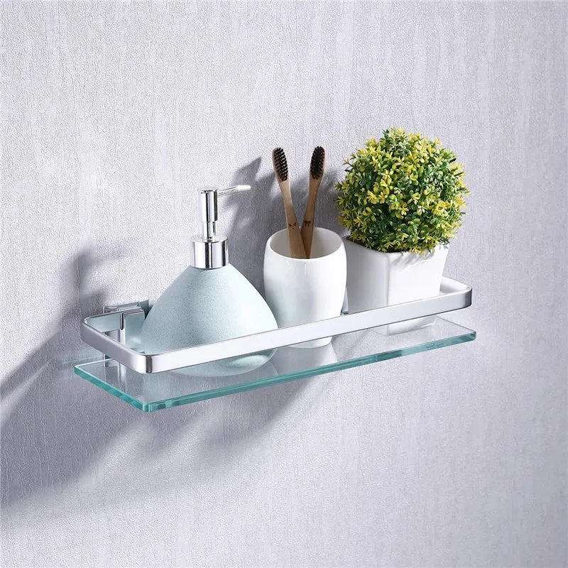 Tempered Glass Bathroom Shelf Aluminum Storage Rack Rectangular 30 40 50cm 1 Tier Silver Sand Sprayed Wall Mounted