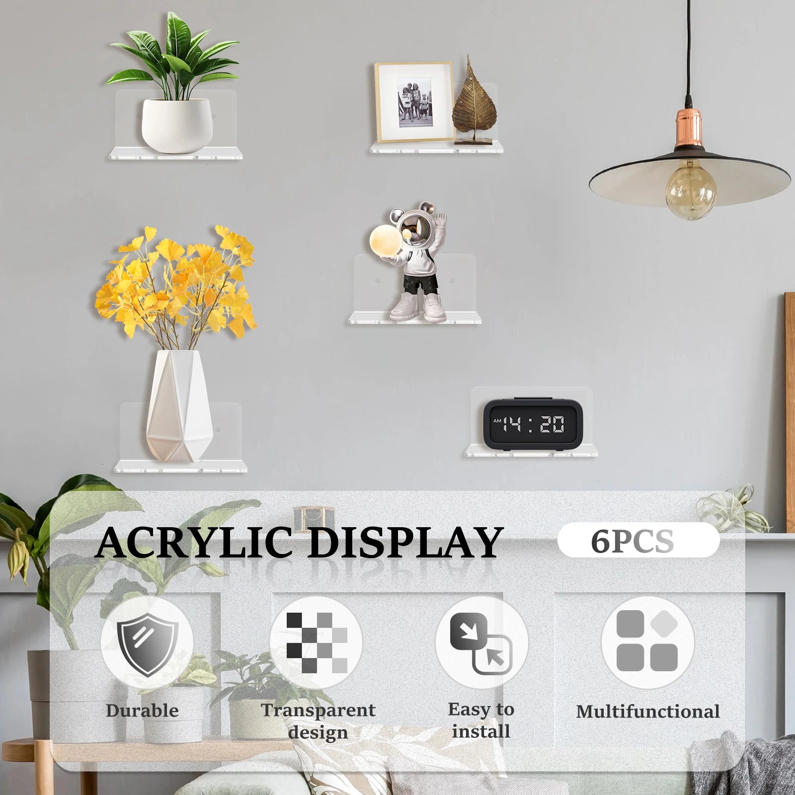 6/12Pcs Acrylic Wall Shelves Floating Shelves Clear Small Shelf Product Display Stand Wall Decoration Storage Rack