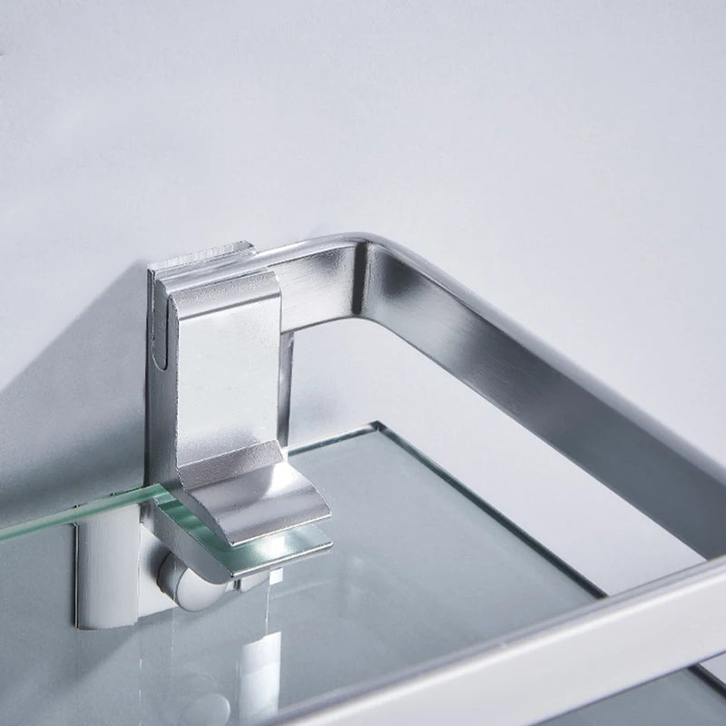 Tempered Glass Bathroom Shelf Aluminum Storage Rack Rectangular 30 40 50cm 1 Tier Silver Sand Sprayed Wall Mounted