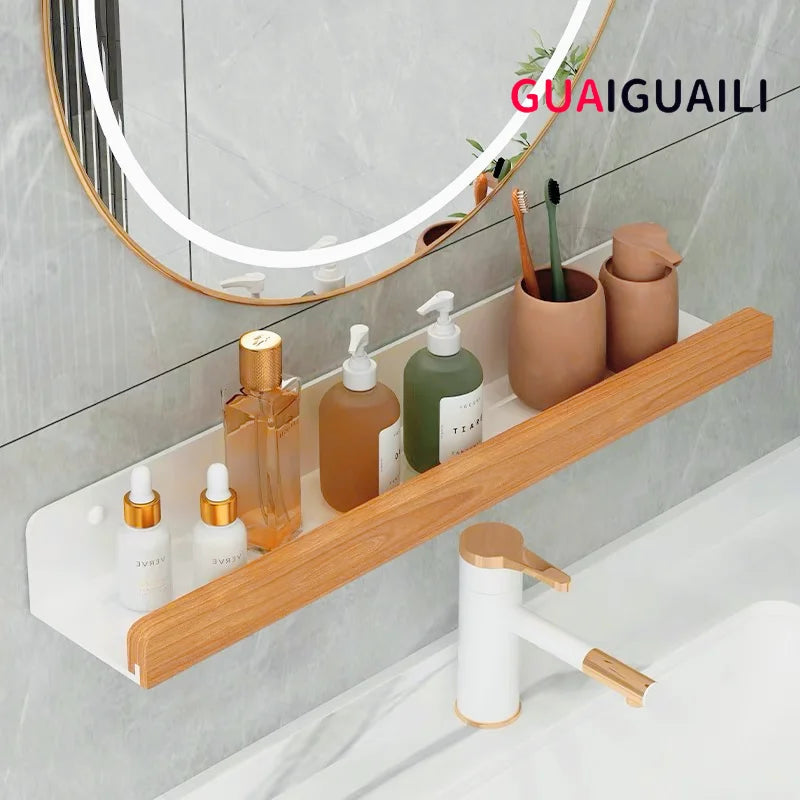 Bathroom Shelves，Wood bathroom shelf wall without drilling, Seasoning Board shower Storage Rack，No drill bathroom shelf