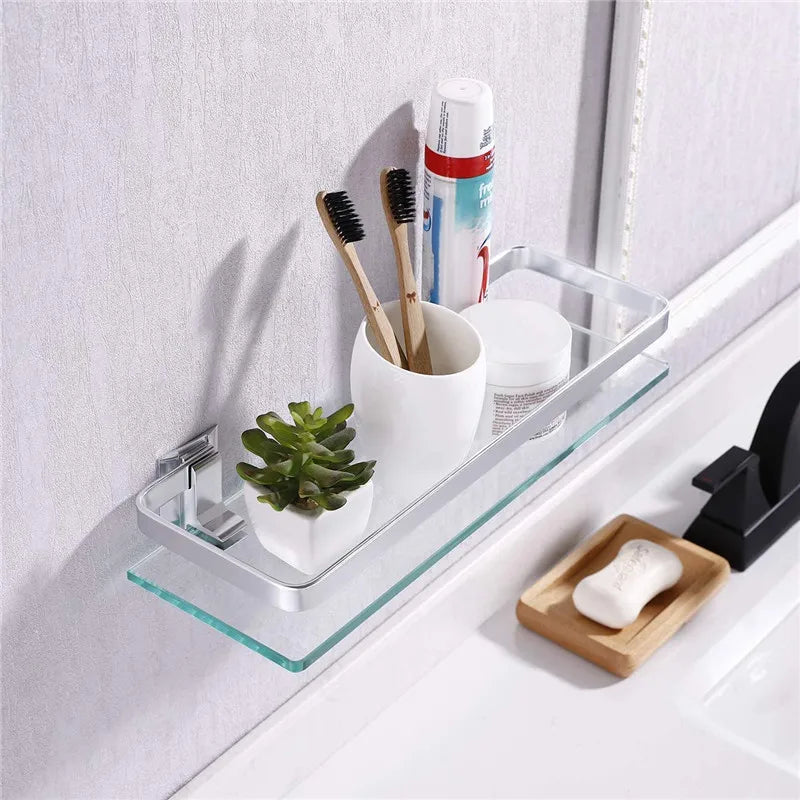 Tempered Glass Bathroom Shelf Aluminum Storage Rack Rectangular 30 40 50cm 1 Tier Silver Sand Sprayed Wall Mounted