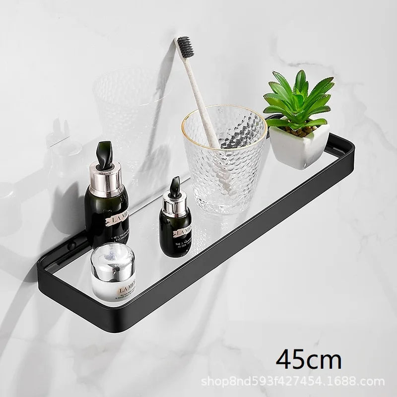 Bathroom Glass Shelf No Drill Organizer Shower Storage Rack Black Corner Shelves Wall Mounted Aluminum Toilet Shampoo Holder