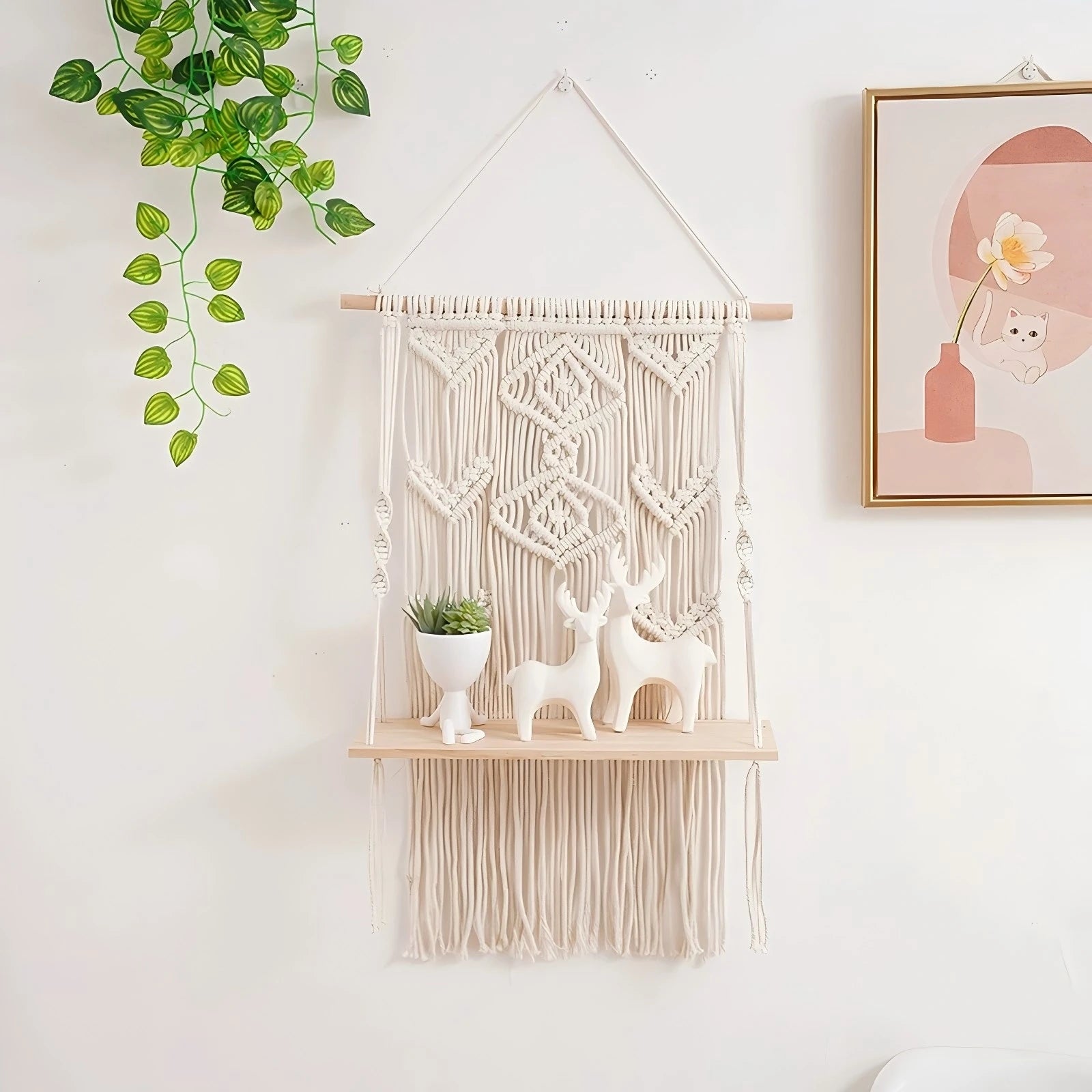 Macrame Wall Hanging Shelf- Handmade Decorative Floating Boho Shelf-Plant Shelf Display Rack to Organize Not Included Flowerpot
