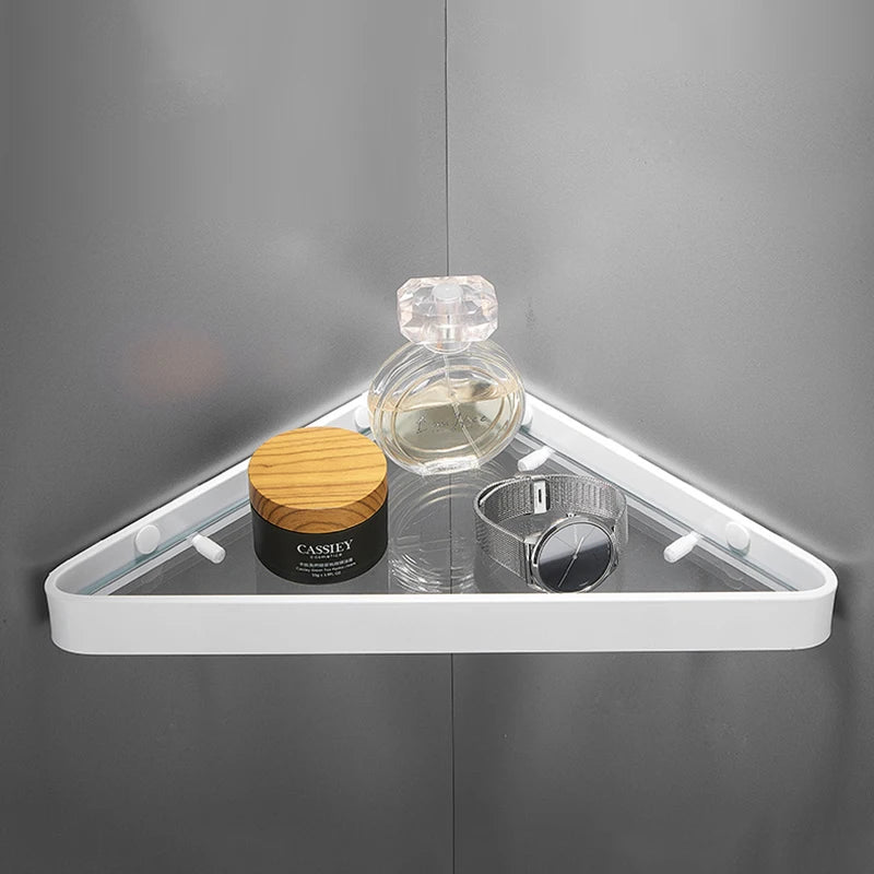 Black Bathroom Shelf Wall-mounted Glass Shower Corner Rack White Aluminum Bathroom Storage Rack Bathroom Accessories Triangular