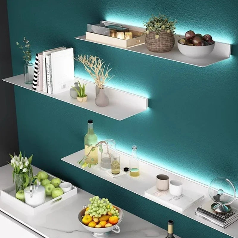 Wall Metal Display Stand Storage Holders LED Luminous Storage Shelf Wall Decorations Living Room Wall Hanging Figure Bookshelf