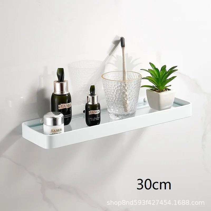 Bathroom Glass Shelf No Drill Organizer Shower Storage Rack Black Corner Shelves Wall Mounted Aluminum Toilet Shampoo Holder