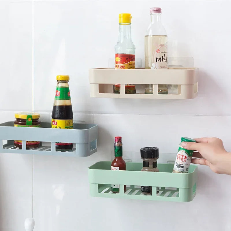 3M Self Adhesive Storage Rack Kitchen Bathroom Wall Storage Shelf Hanging Rack Corner Basket Holder Organizer Home Decoration