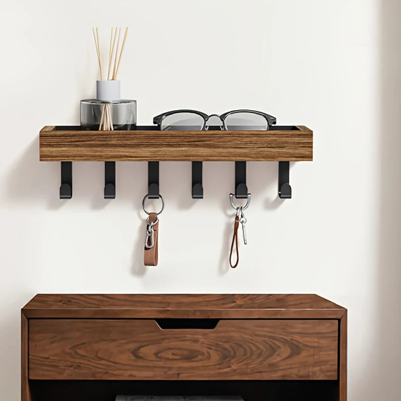Rustic Wooden Key Holder with 6 Hooks Storage Tray Easy Install Wall-Mounted Organizer for Keys Mail and More for Bedroom Office