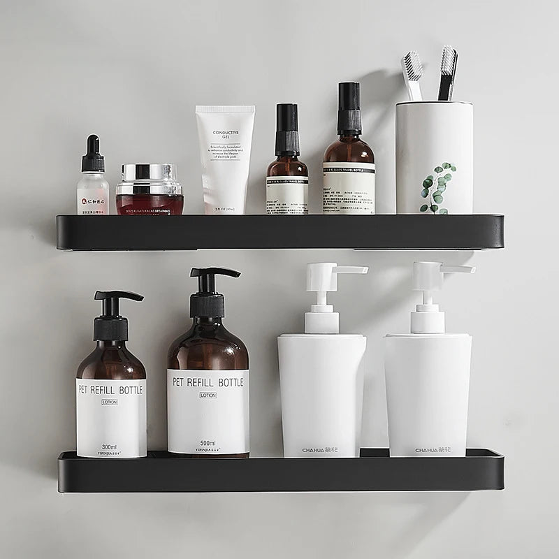 Bathroom Glass Shelf No Drill Organizer Shower Storage Rack Black Corner Shelves Wall Mounted Aluminum Toilet Shampoo Holder
