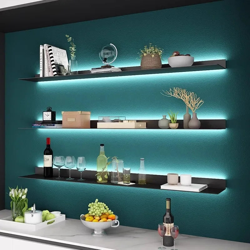Wall Metal Display Stand Storage Holders LED Luminous Storage Shelf Wall Decorations Living Room Wall Hanging Figure Bookshelf