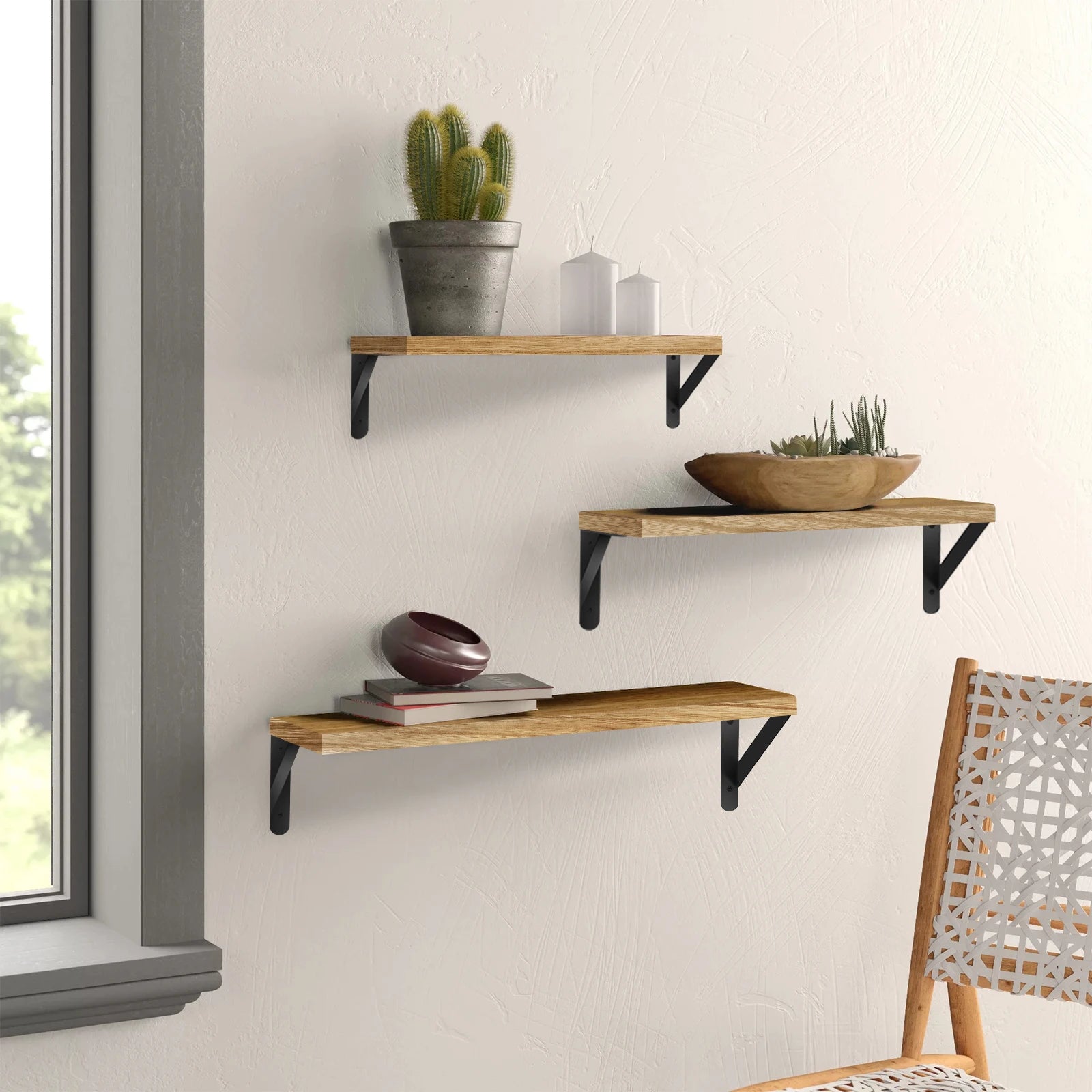 DayPlus Floating Shelves 3 Pieces Wall Shelf Wood and Metal, Wall Shelves for Storage, Rustic Metal Wire, for Home, Office