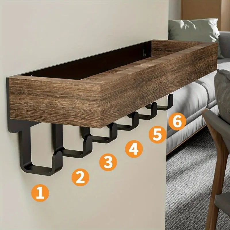 Rustic Wooden Key Holder with 6 Hooks Storage Tray Easy Install Wall-Mounted Organizer for Keys Mail and More for Bedroom Office