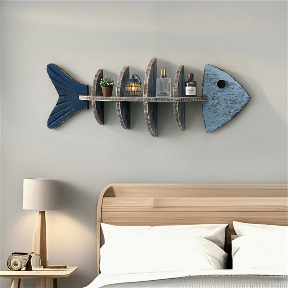 Mediterranean Style Wooden Fish Skeleton Wall Shelf Decorative Hanging Storage for Home or Coastal-Themed Rooms, Nordic Design