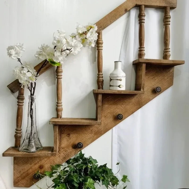 American Rural Style Designer Home Homestay Courtyard Decoration Retro Creative Staircase Wall Hanging Flower Rack Storage Rack