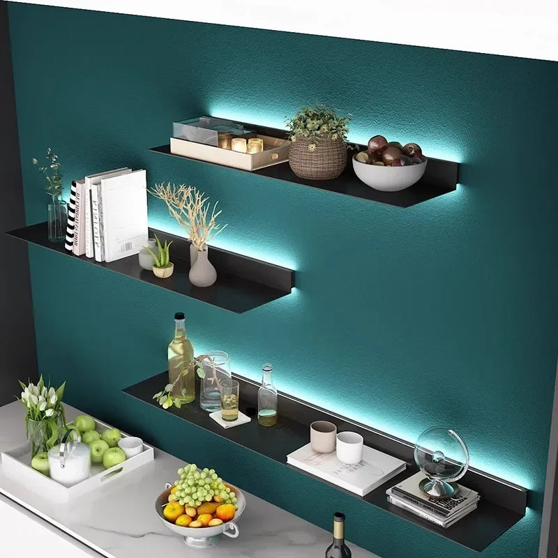 Wall Metal Display Stand Storage Holders LED Luminous Storage Shelf Wall Decorations Living Room Wall Hanging Figure Bookshelf