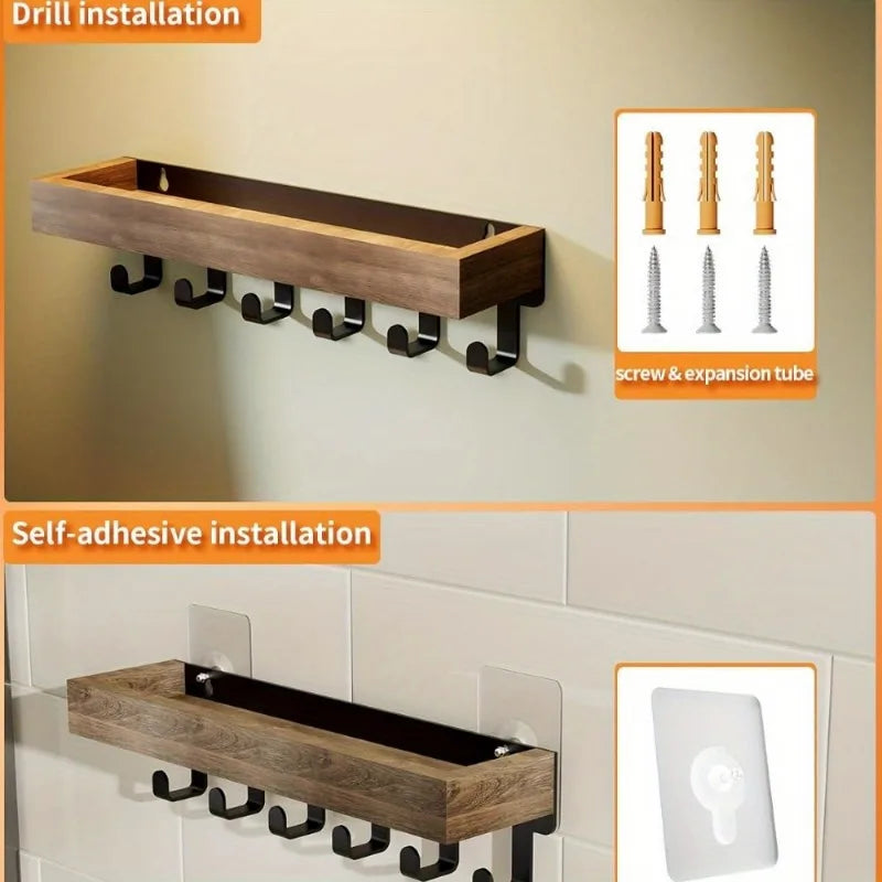 Rustic Wooden Key Holder with 6 Hooks Storage Tray Easy Install Wall-Mounted Organizer for Keys Mail and More for Bedroom Office